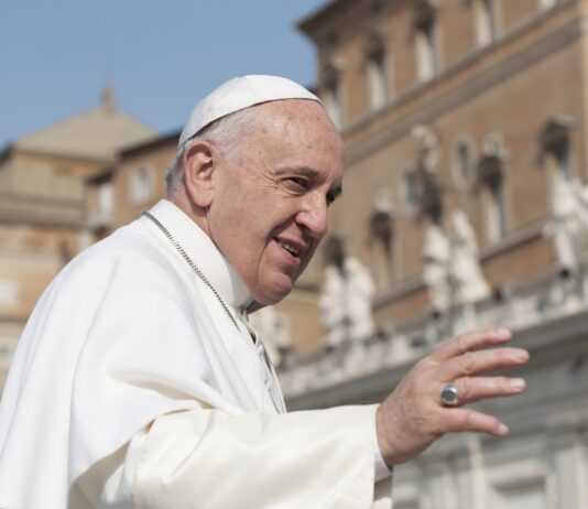 Città del Vaticano, Città del Vaticano - 22 aprile 2015: Papa Francesco saluta i fedeli in piazza San Pietro — Foto di neneosan